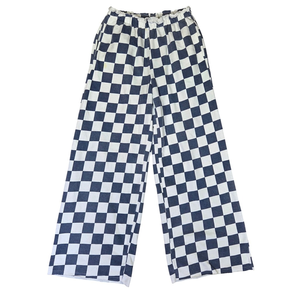 Grayson Threads Navy Blue White Checkered Wide Leg Lounge Pants Medium